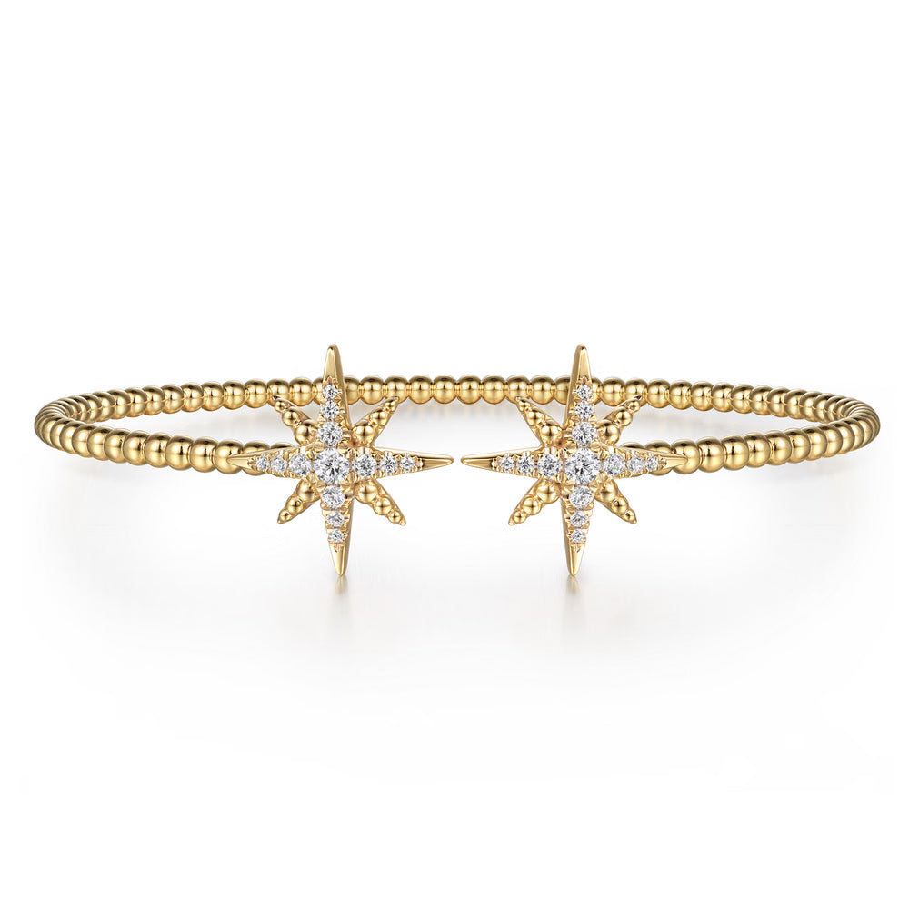 Gabriel & Co., 14K Yellow Gold Bujukan and Diamond Starburst Open Bangle Bracelet