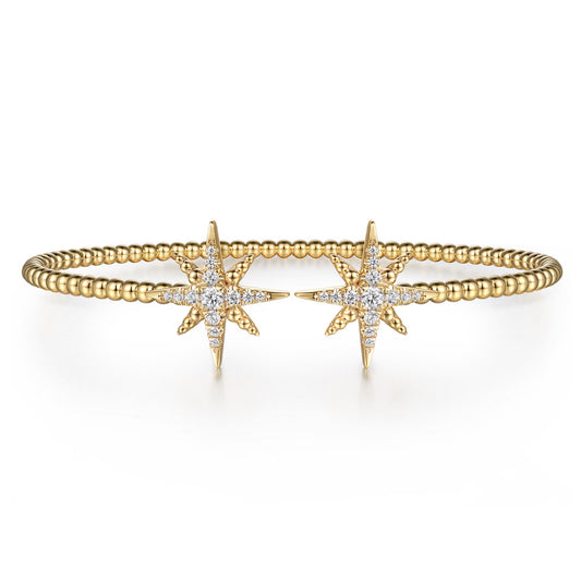 Gabriel & Co., 14K Yellow Gold Bujukan and Diamond Starburst Open Bangle Bracelet