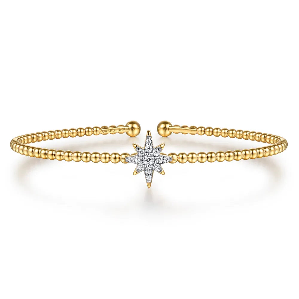 Gabriel & Co., 14K Yellow Gold Bujukan and Diamond Starburst Split Bangle Bracelet