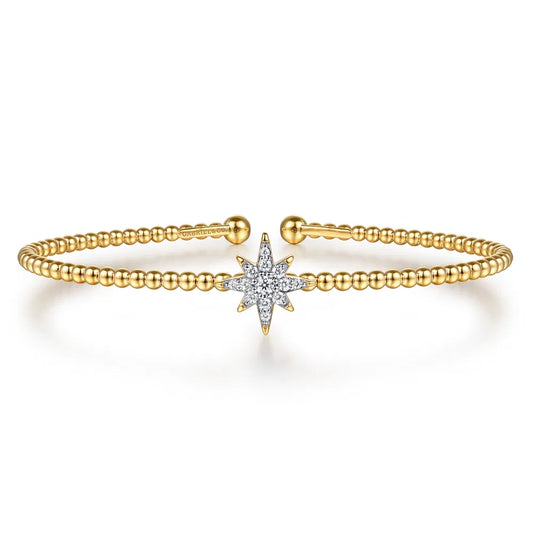 Gabriel & Co., 14K Yellow Gold Bujukan and Diamond Starburst Split Bangle Bracelet