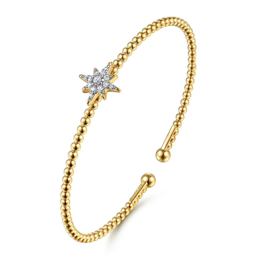 Gabriel & Co., 14K Yellow Gold Bujukan and Diamond Starburst Split Bangle Bracelet