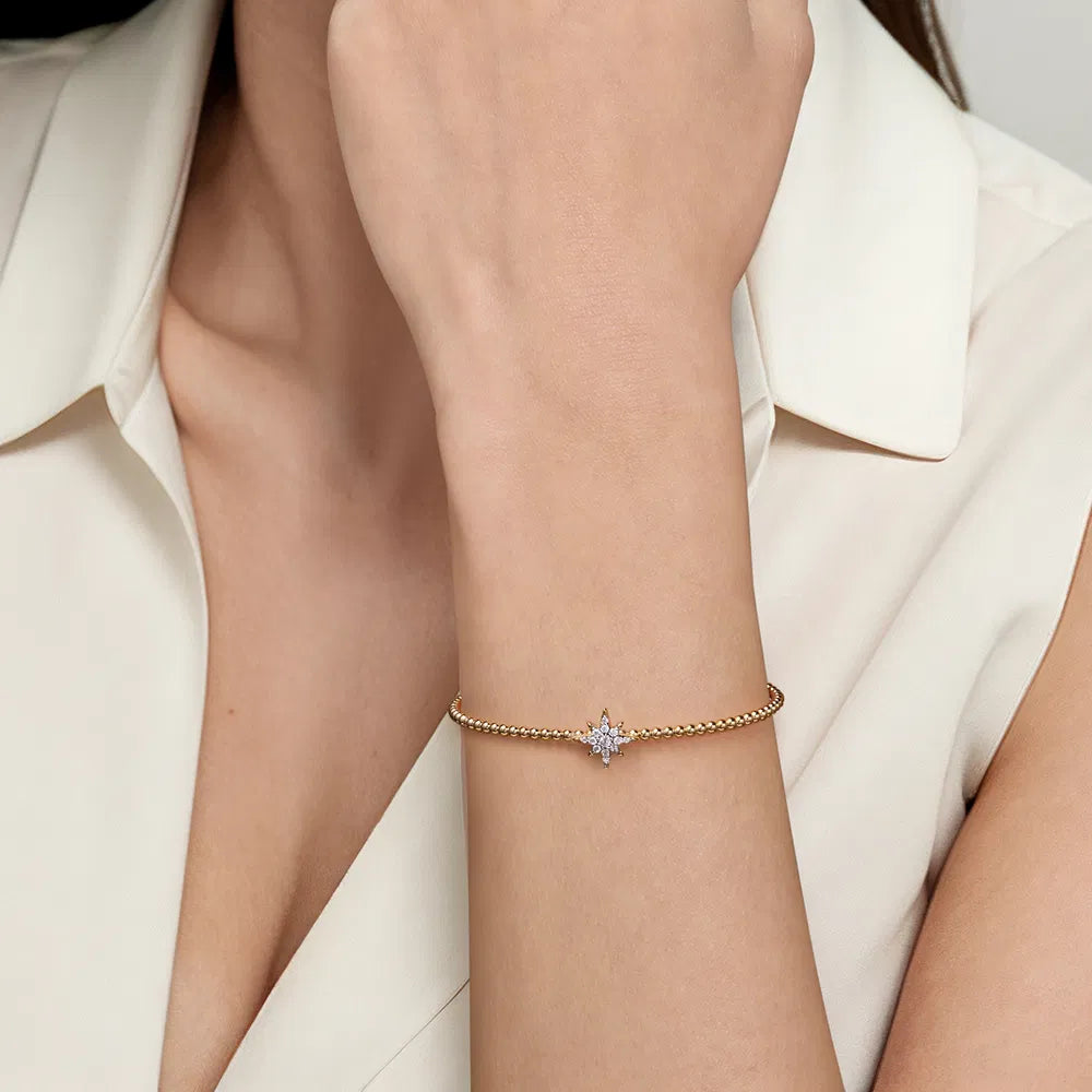Gabriel & Co., 14K Yellow Gold Bujukan and Diamond Starburst Split Bangle Bracelet