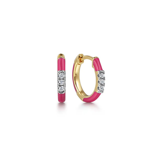 Gabriel & Co., 14K Yellow Gold Classic Diamond Huggies with Fuchsia Enamel