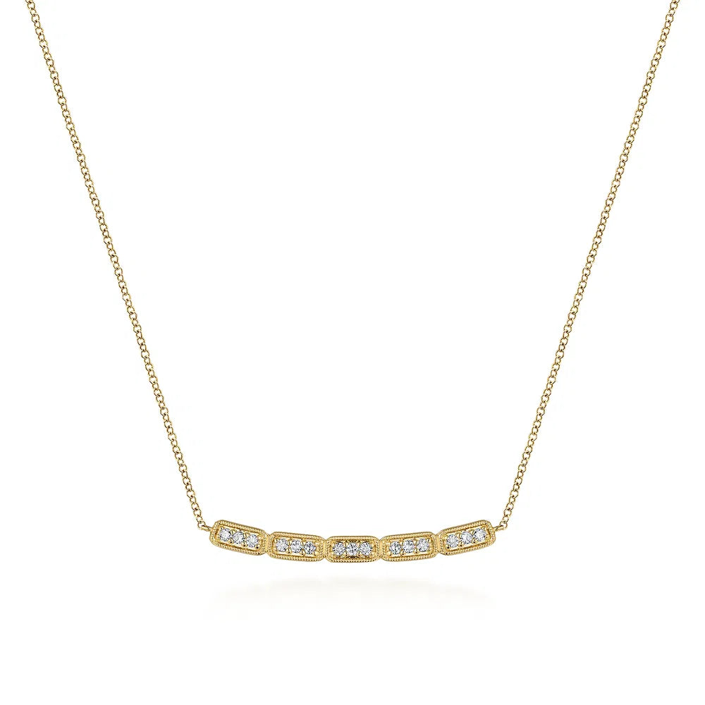 Gabriel & Co., 14K Yellow Gold Curved Rectangular Station Bar Necklace with Diamonds