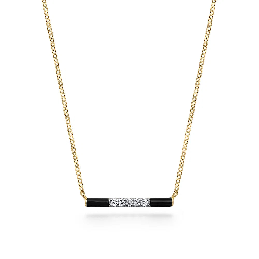 Gabriel & Co., 14K Yellow Gold Diamond Bar Necklace with Black Enamel