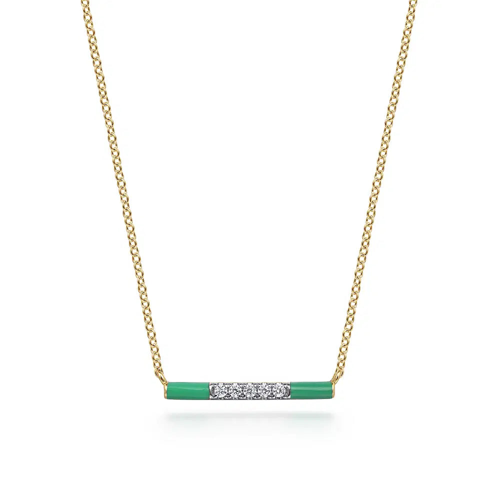Gabriel & Co., 14K Yellow Gold Diamond Bar Necklace with Emerald Green Enamel