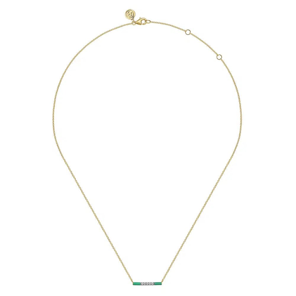 Gabriel & Co., 14K Yellow Gold Diamond Bar Necklace with Emerald Green Enamel