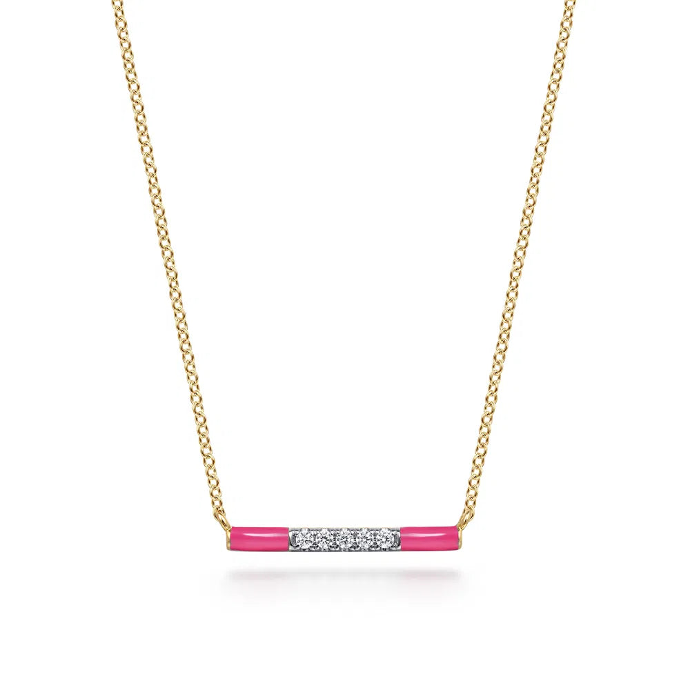 Gabriel & Co., 14K Yellow Gold Diamond Bar Necklace with Fuchsia Enamel