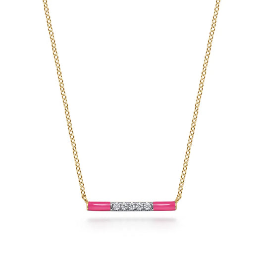 Gabriel & Co., 14K Yellow Gold Diamond Bar Necklace with Fuchsia Enamel