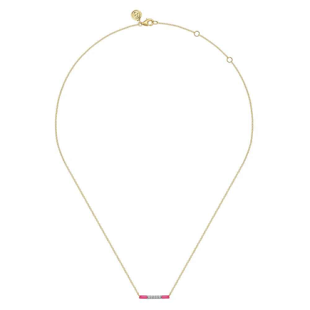 Gabriel & Co., 14K Yellow Gold Diamond Bar Necklace with Fuchsia Enamel