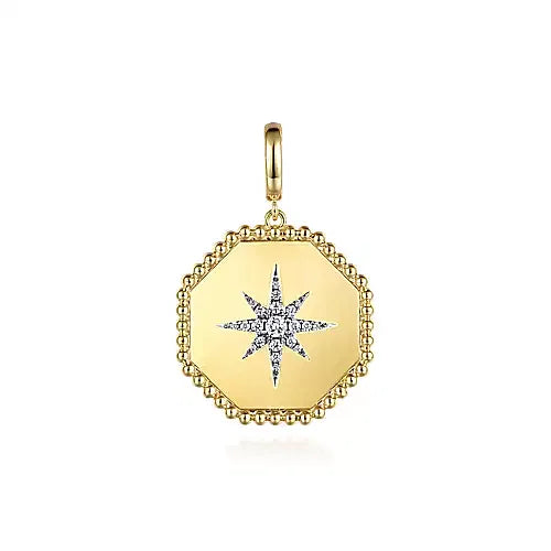 Gabriel & Co., 14K Yellow Gold Diamond Bujukan Starburst Hexagon Medallion Pendant