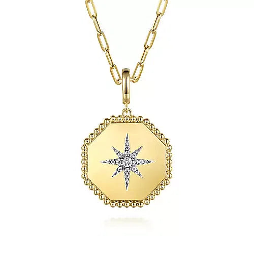 Gabriel & Co., 14K Yellow Gold Diamond Bujukan Starburst Hexagon Medallion Pendant