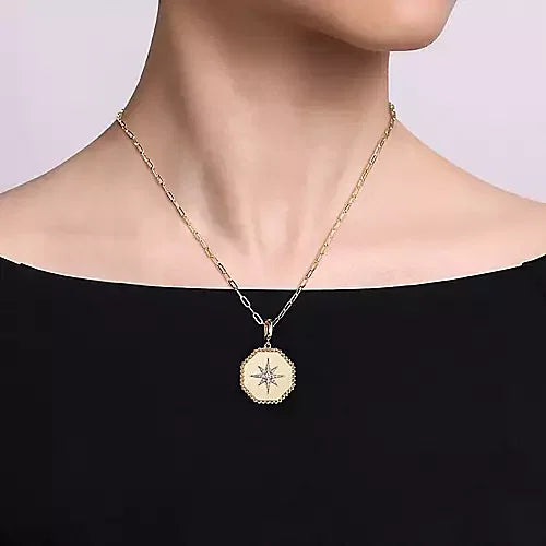 Gabriel & Co., 14K Yellow Gold Diamond Bujukan Starburst Hexagon Medallion Pendant