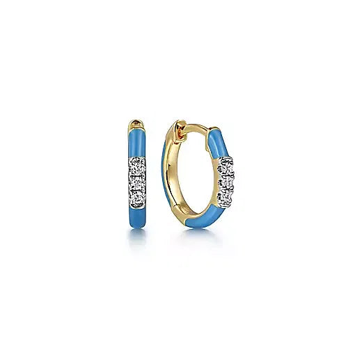 Gabriel & Co., 14K Yellow Gold Diamond Huggie With Blue Enamel