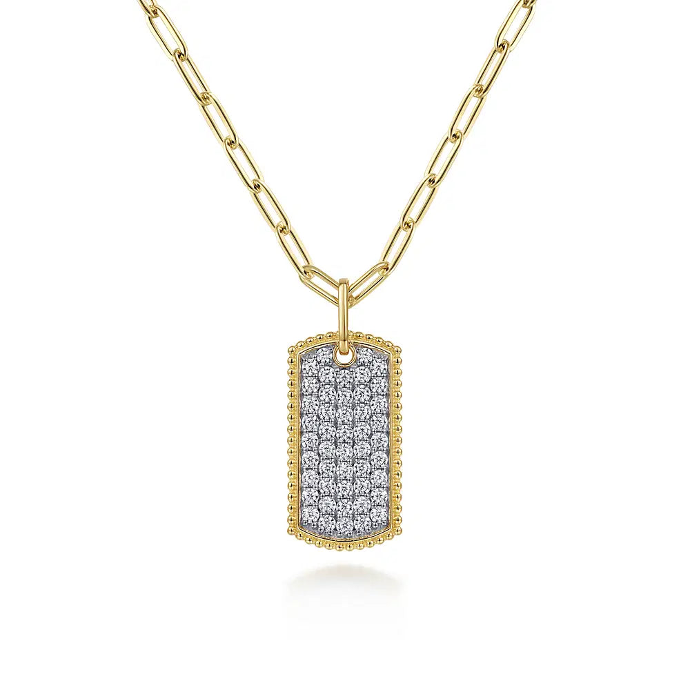 Gabriel & Co., 14K Yellow Gold Diamond Pave Dog Tag Pendant Hollow Chain Necklace