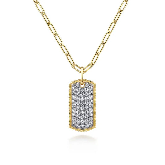 Gabriel & Co., 14K Yellow Gold Diamond Pave Dog Tag Pendant Hollow Chain Necklace