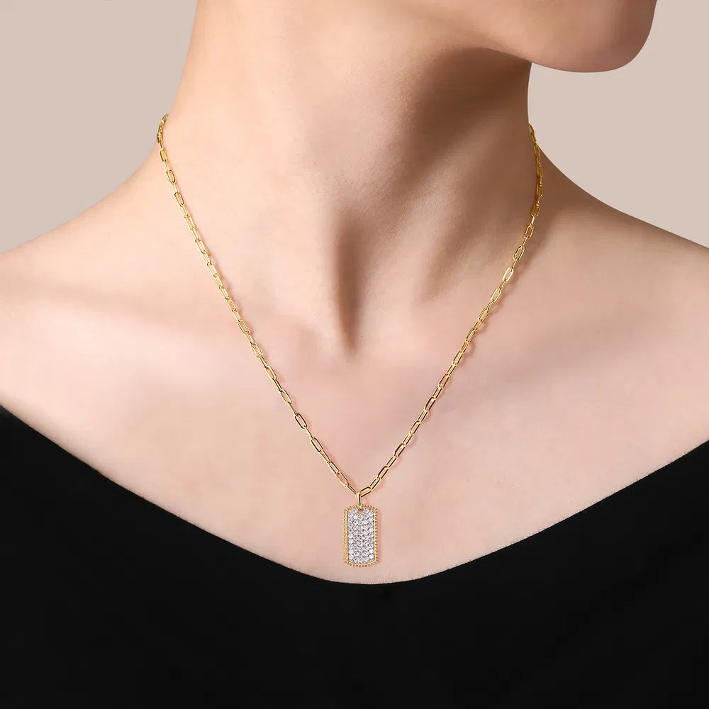 Gabriel & Co., 14K Yellow Gold Diamond Pave Dog Tag Pendant Hollow Chain Necklace