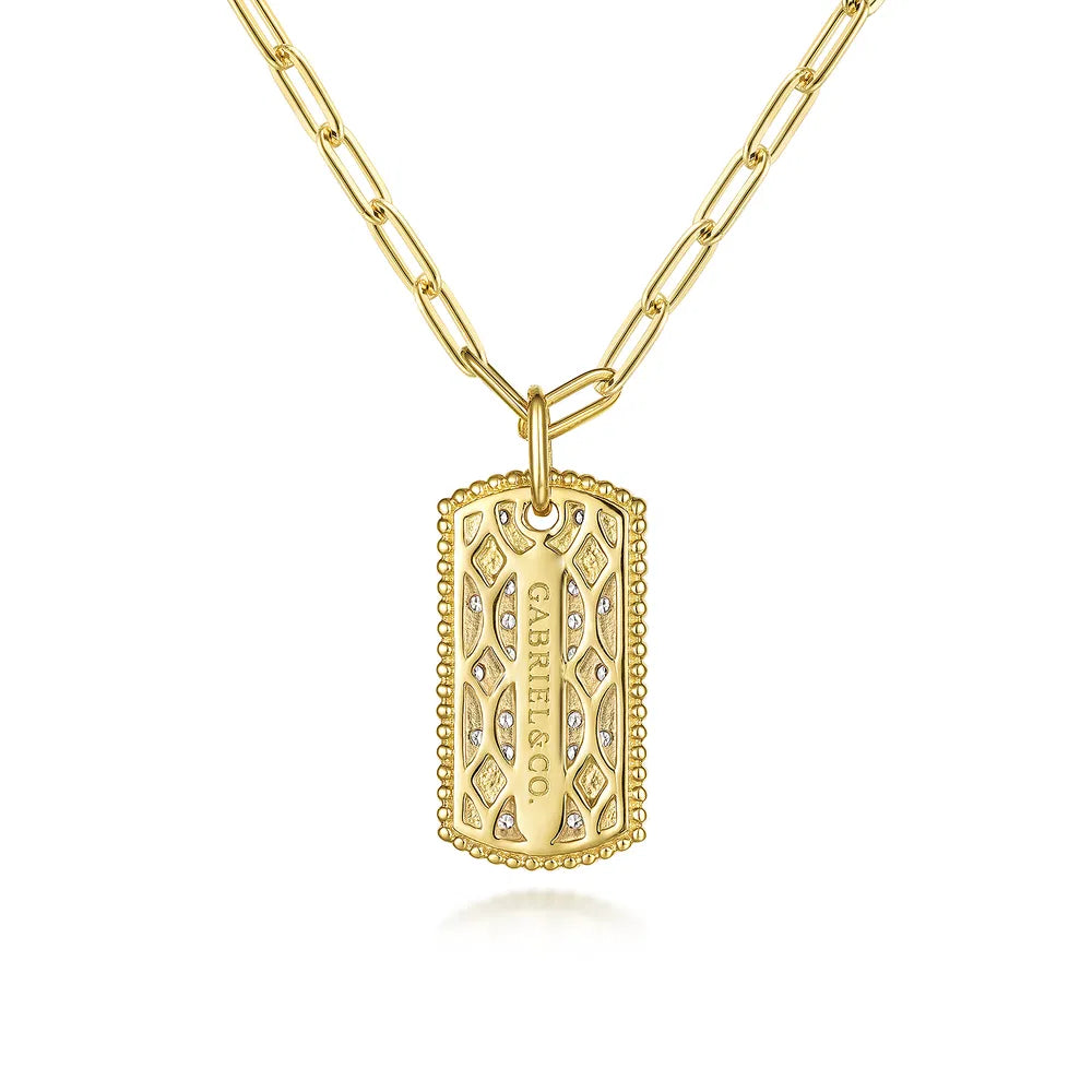Gabriel & Co., 14K Yellow Gold Diamond Pave Dog Tag Pendant Hollow Chain Necklace