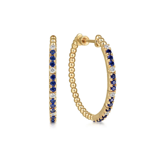 Gabriel & Co., 14K Yellow Gold Diamond and Blue Sapphire Bujukan 30mm Hoop Earrings