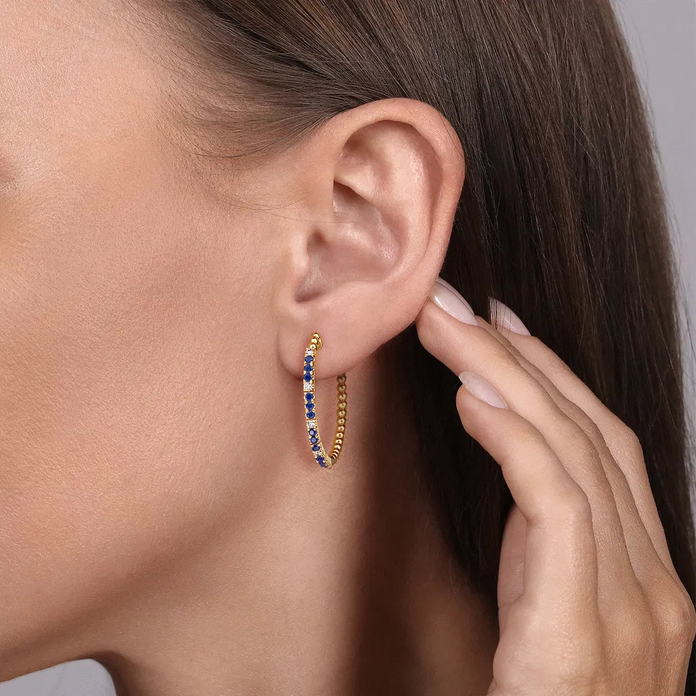 Gabriel & Co., 14K Yellow Gold Diamond and Blue Sapphire Bujukan 30mm Hoop Earrings