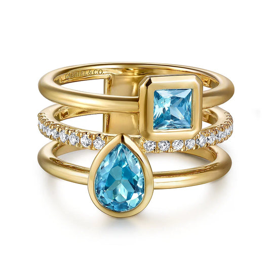 Gabriel & Co., 14K Yellow Gold Diamond and Blue Topaz Easy Stackable Ring