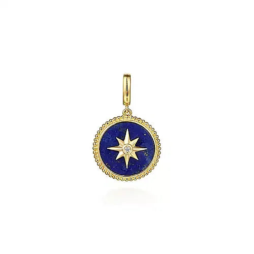 Gabriel & Co., 14K Yellow Gold Diamond and Lapis Bujukan Medallion Pendant in Size 18mm