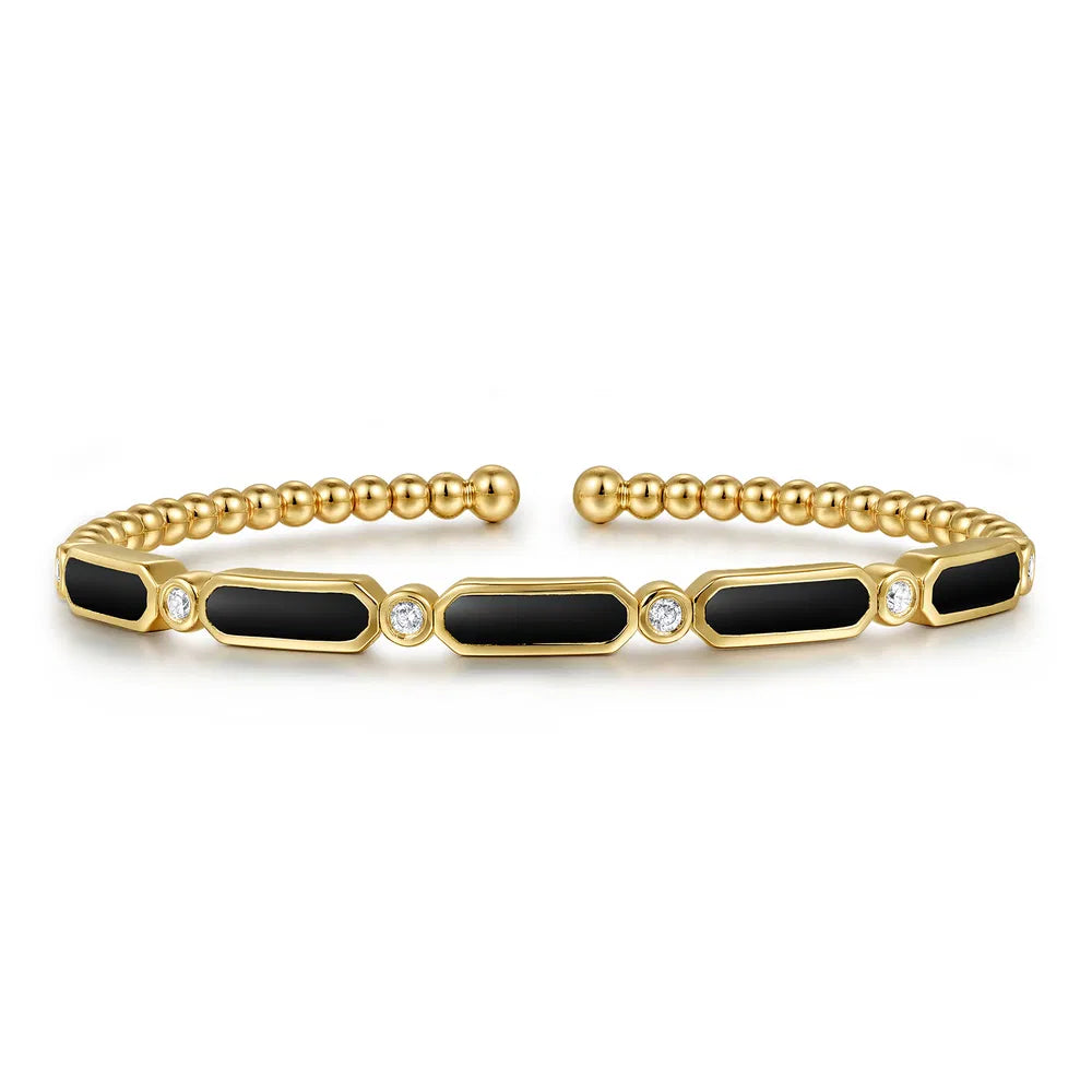 Gabriel & Co., 14K Yellow Gold Diamond and Onyx Bujukan Bangle