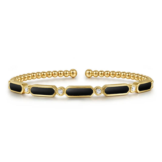 Gabriel & Co., 14K Yellow Gold Diamond and Onyx Bujukan Bangle