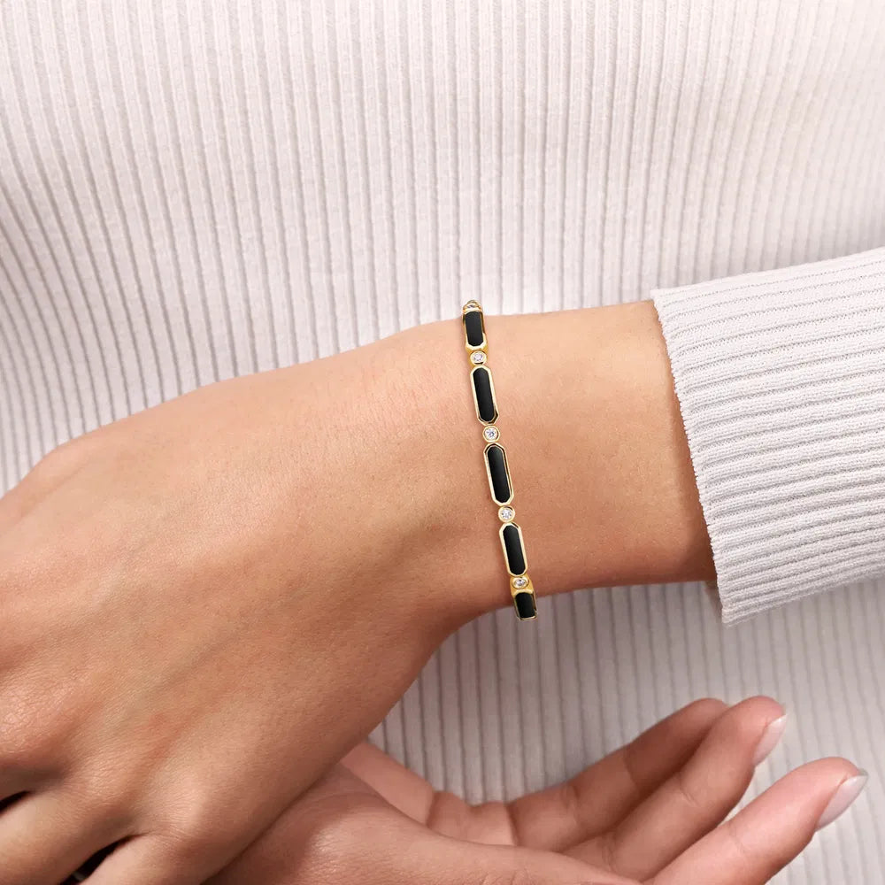 Gabriel & Co., 14K Yellow Gold Diamond and Onyx Bujukan Bangle