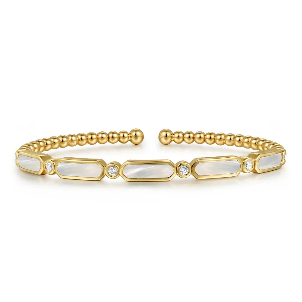 Gabriel & Co., 14K Yellow Gold Diamond and White Mother of Pearl Bujukan Bangle