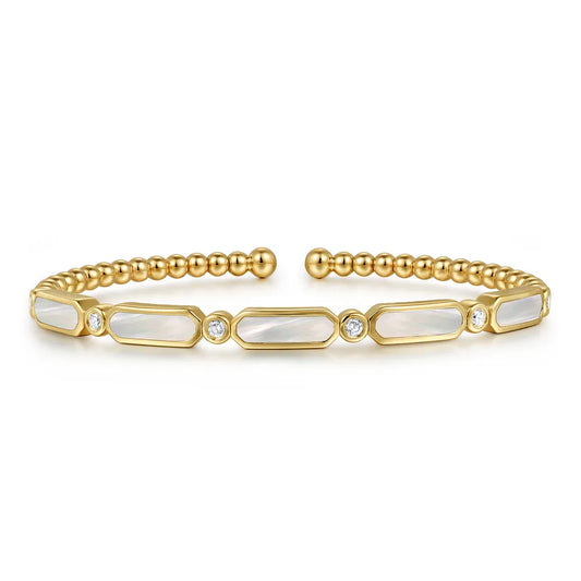 Gabriel & Co., 14K Yellow Gold Diamond and White Mother of Pearl Bujukan Bangle