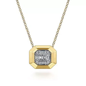 Gabriel & Co., 14K Yellow Gold Geometric Baguette and Round Diamond Pendant Necklace
