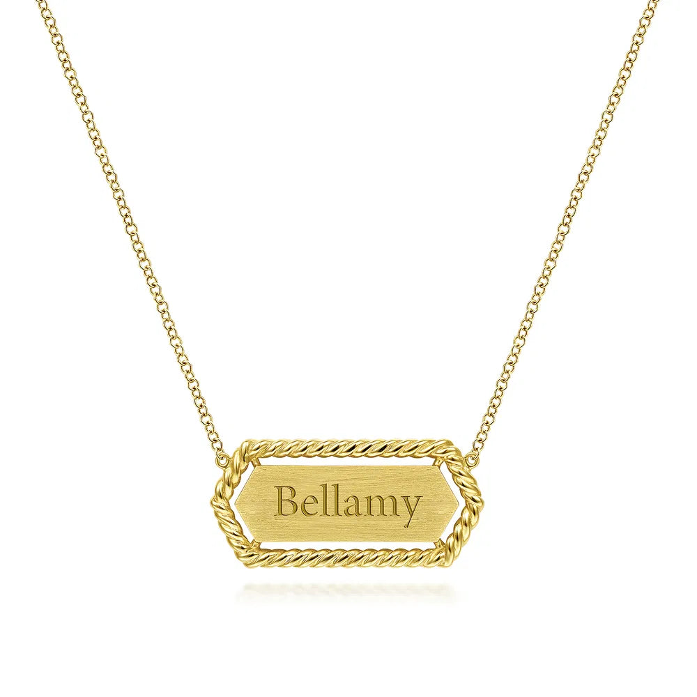 Gabriel & Co., 14K Yellow Gold Hexagonal Rectangle ID Necklace with Twisted Rope Frame
