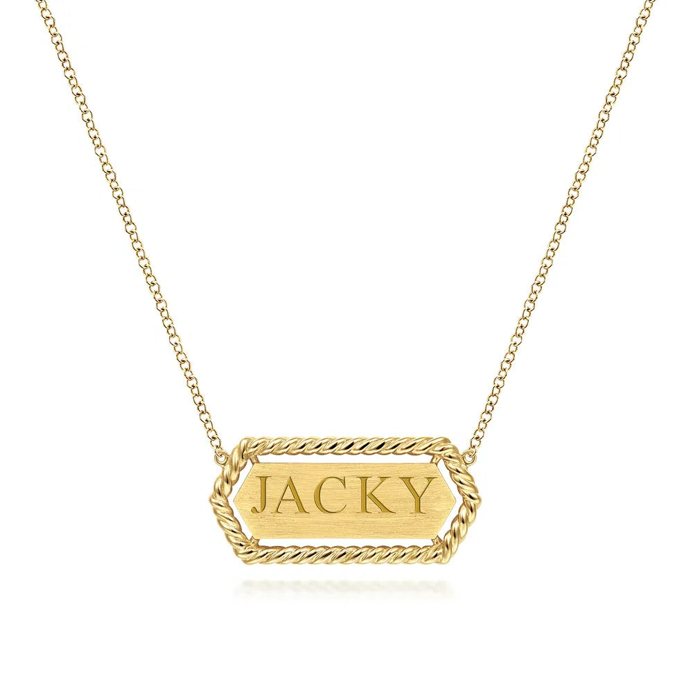 Gabriel & Co., 14K Yellow Gold Hexagonal Rectangle ID Necklace with Twisted Rope Frame