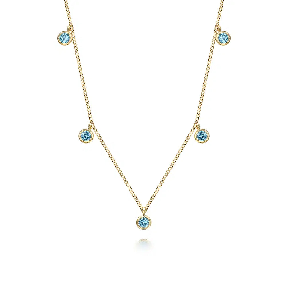 Gabriel & Co., 14K Yellow Gold London Blue Topaz Station Necklace