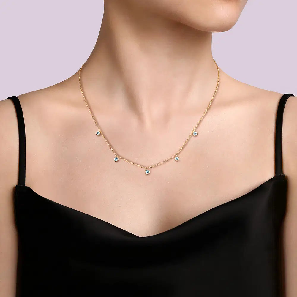 Gabriel & Co., 14K Yellow Gold London Blue Topaz Station Necklace