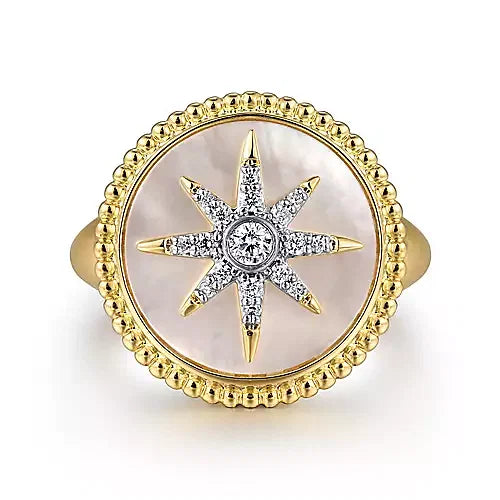 Gabriel & Co., 14K Yellow Gold Mother of Pearl Inlay and Diamond Starburst Signet Ring