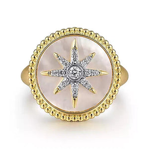 Gabriel & Co., 14K Yellow Gold Mother of Pearl Inlay and Diamond Starburst Signet Ring