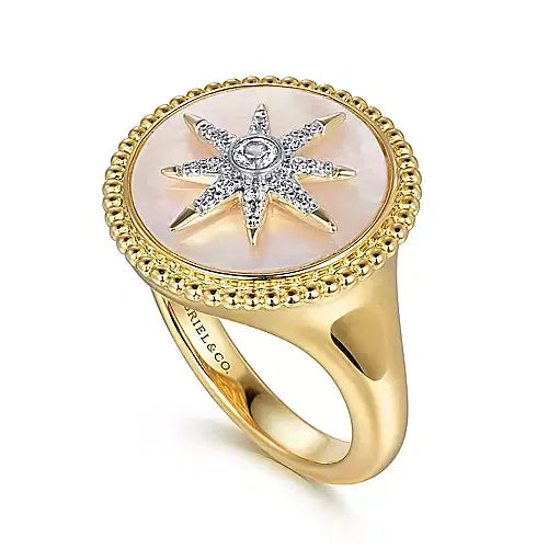 Gabriel & Co., 14K Yellow Gold Mother of Pearl Inlay and Diamond Starburst Signet Ring