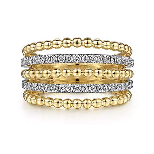 Gabriel & Co., 14K Yellow Gold Multi Row Bujukan Beads and Diamond Easy Stackable Ring