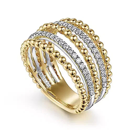 Gabriel & Co., 14K Yellow Gold Multi Row Bujukan Beads and Diamond Easy Stackable Ring