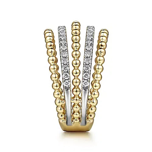 Gabriel & Co., 14K Yellow Gold Multi Row Bujukan Beads and Diamond Easy Stackable Ring