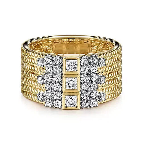 Gabriel & Co., 14K Yellow Gold Rope Diamond Wide Band Ladies Ring