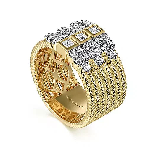 Gabriel & Co., 14K Yellow Gold Rope Diamond Wide Band Ladies Ring