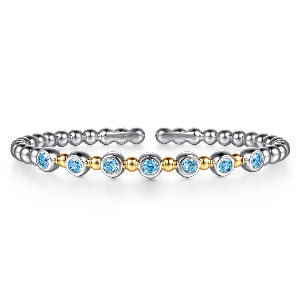 Gabriel & Co., 14K Yellow Gold and 925 Sterling Silver BlueTopaz Bezel Set Bujukan Split Bangle Bracelet