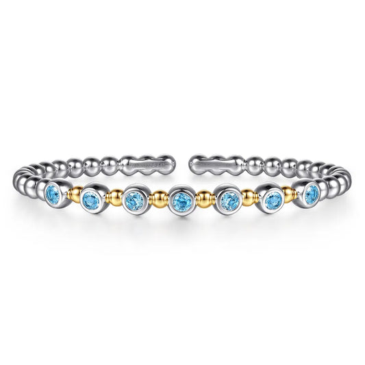 Gabriel & Co., 14K Yellow Gold and 925 Sterling Silver BlueTopaz Bezel Set Bujukan Split Bangle Bracelet