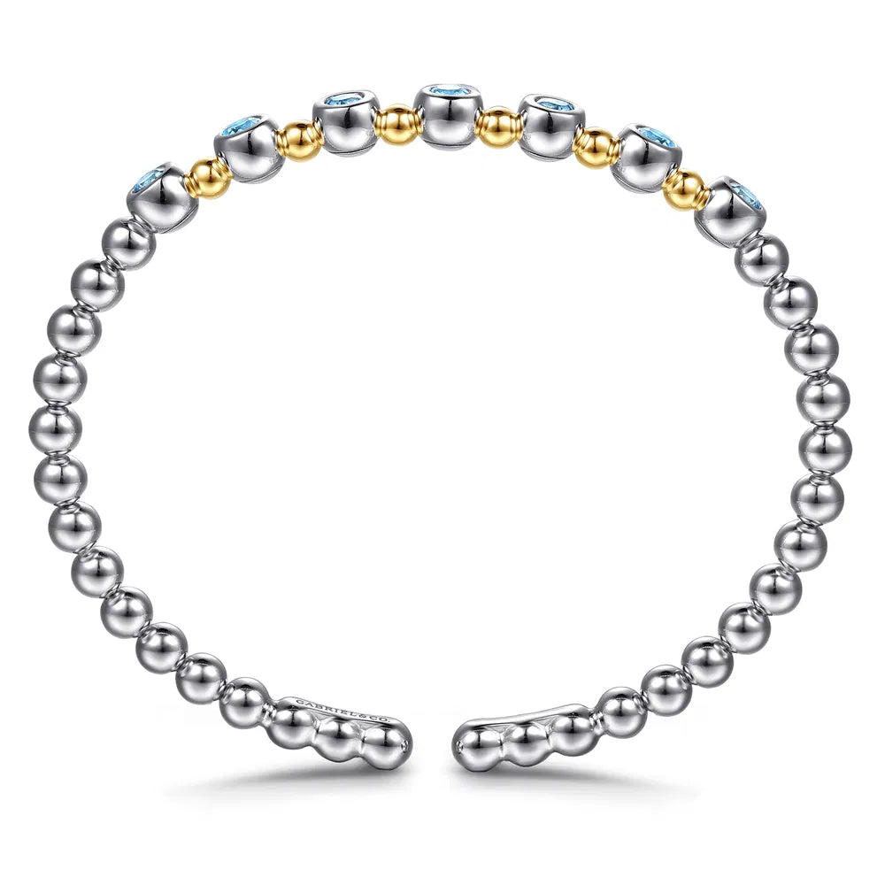 Gabriel & Co., 14K Yellow Gold and 925 Sterling Silver BlueTopaz Bezel Set Bujukan Split Bangle Bracelet