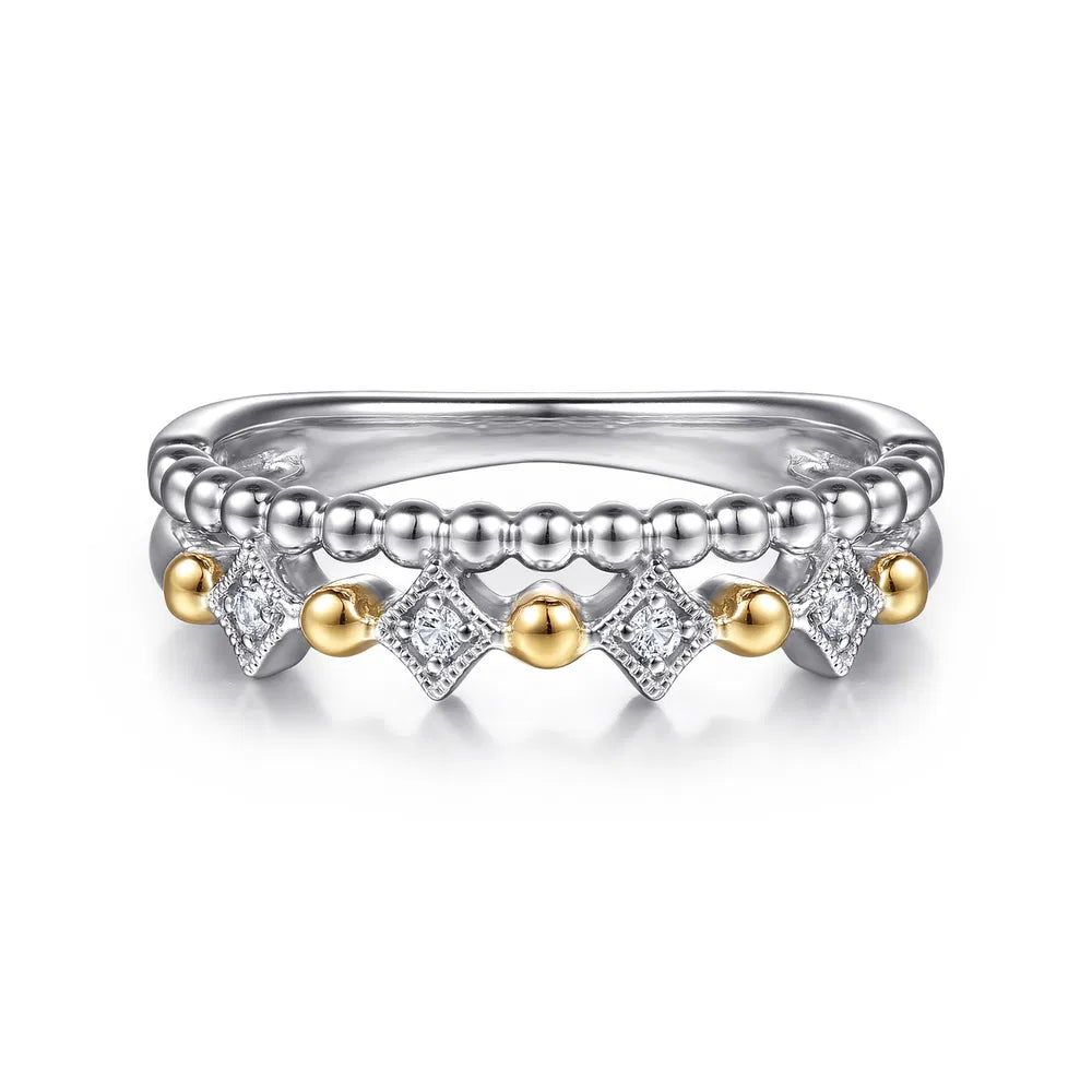 Gabriel & Co., 14K Yellow Gold and 925 Sterling Silver Bujukan Ball White Sapphire Easy Stackable Ring