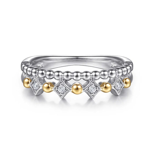 Gabriel & Co., 14K Yellow Gold and 925 Sterling Silver Bujukan Ball White Sapphire Easy Stackable Ring