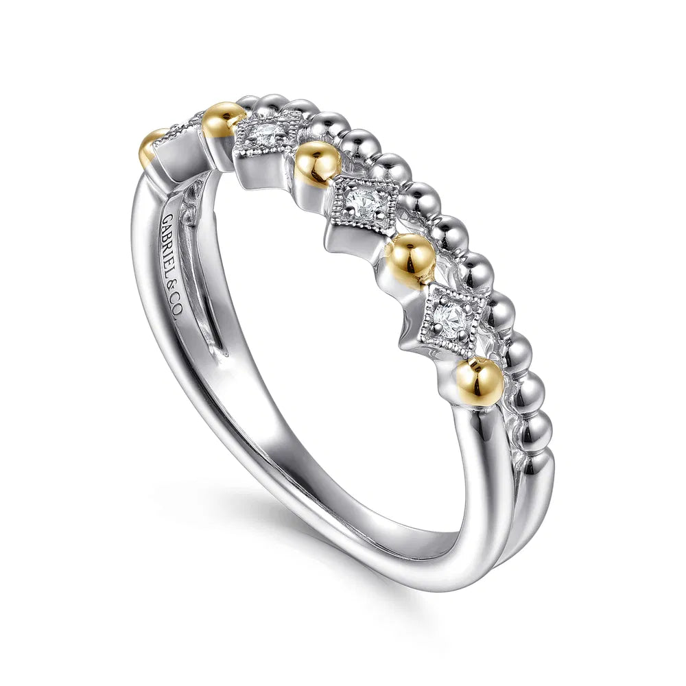 Gabriel & Co., 14K Yellow Gold and 925 Sterling Silver Bujukan Ball White Sapphire Easy Stackable Ring